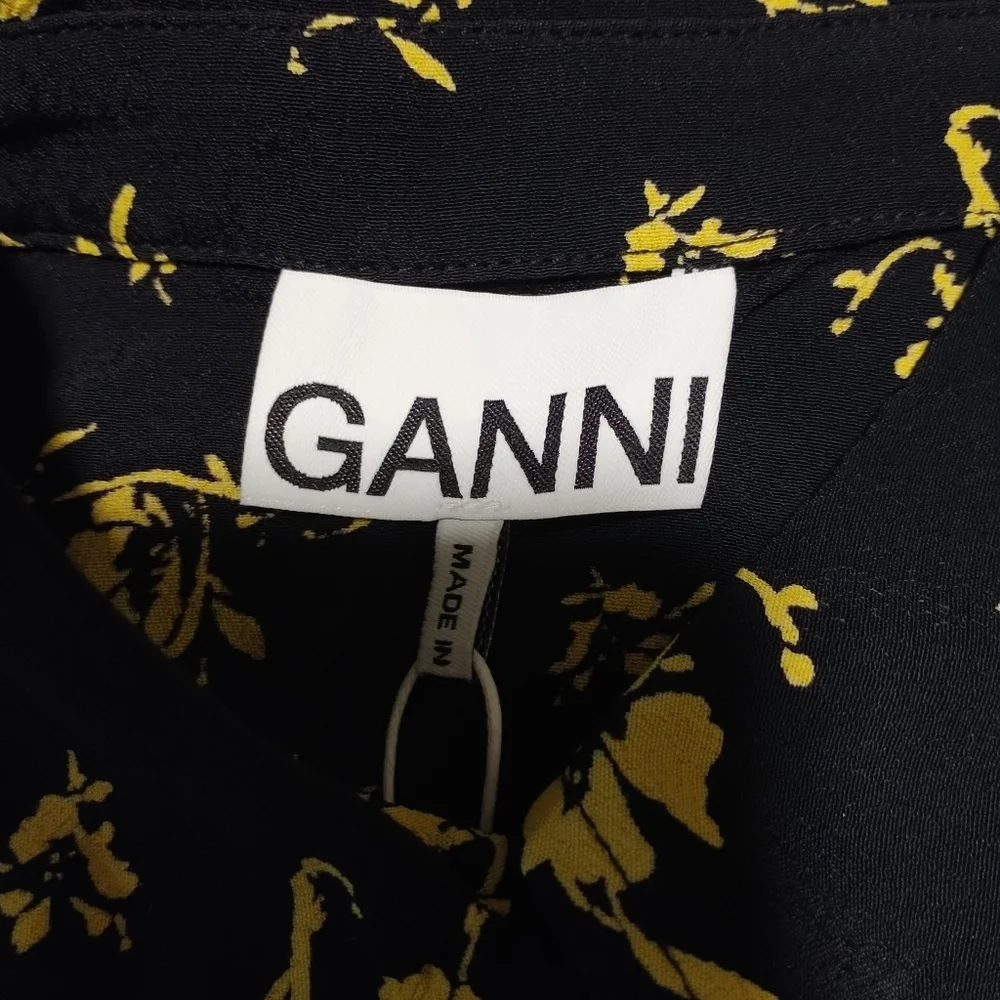 Ganni Black And Gold Floral Printed Crepe Mini Shirt Dress